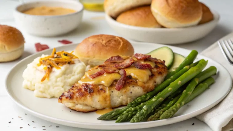 Easy Alice Springs Chicken – Outback Copycat Alice Springs Chicken served with mashed potatoes, roasted asparagus, and dinner rolls on a white plate.