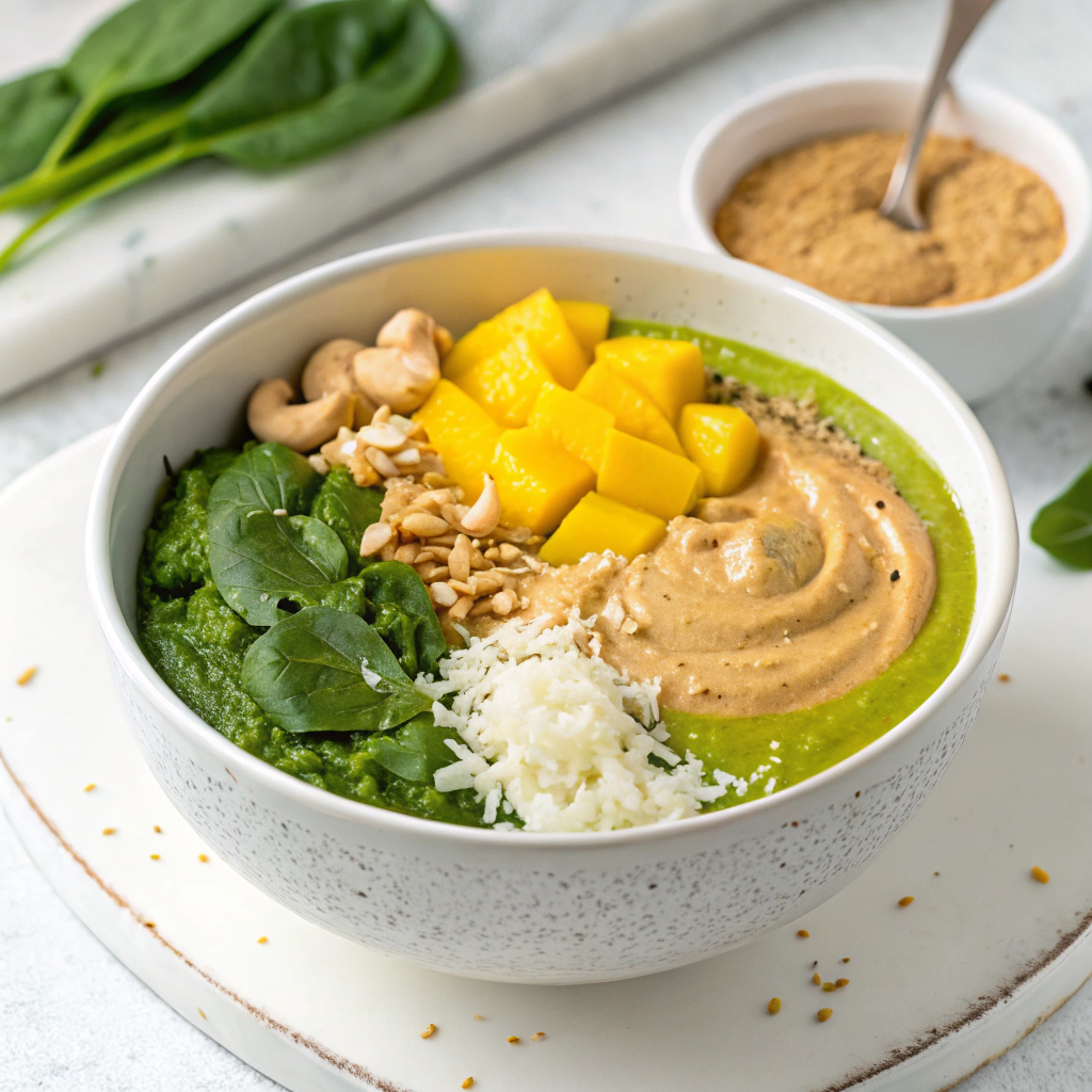 Blended raw vegan recipes featuring cashew cheese, almond butter, and a green smoothie with fruits and spinach.