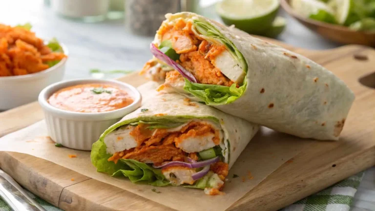 Homemade Buffalo Chicken Wrap recipe served on a white plate