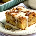 A close-up view of a homemade Cinnamon Roll French Toast Casserole with cinnamon roll pieces, custard, and cream cheese icing, served on a white dish.