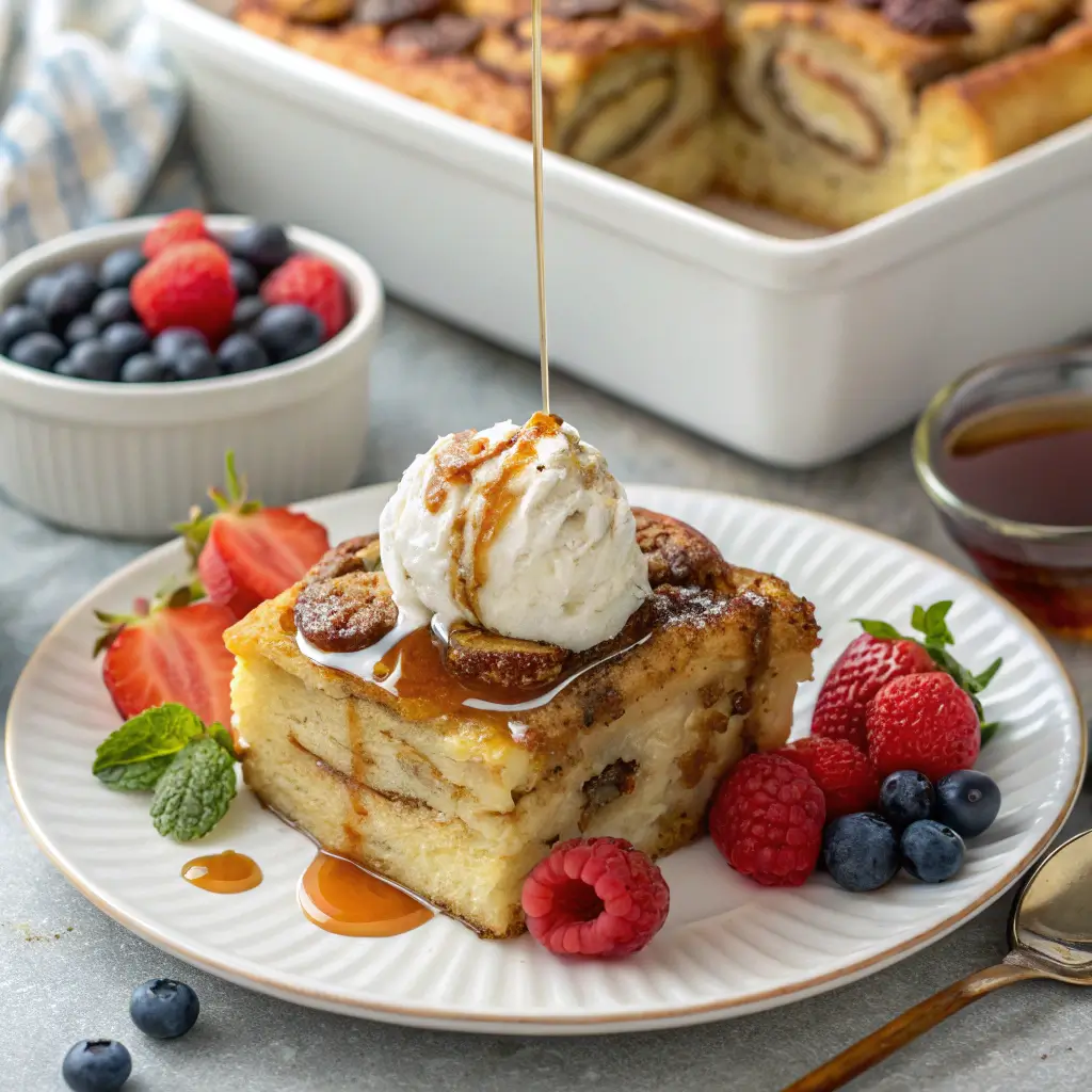 Cinnamon Roll French Toast Casserole served with fresh berries, whipped cream, and a drizzle of maple syrup on a white plate.