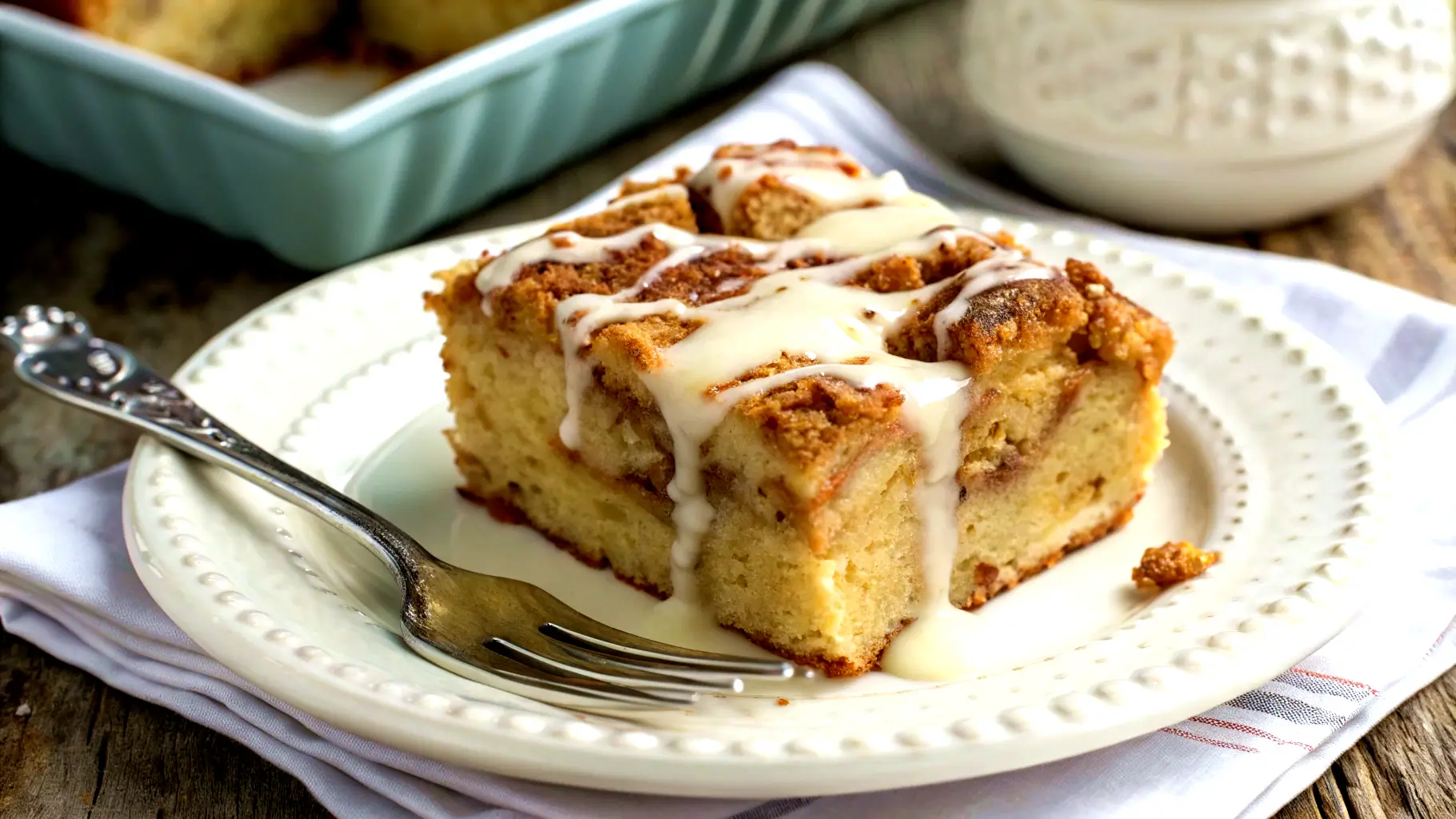 A close-up view of a homemade Cinnamon Roll French Toast Casserole with cinnamon roll pieces, custard, and cream cheese icing, served on a white dish.