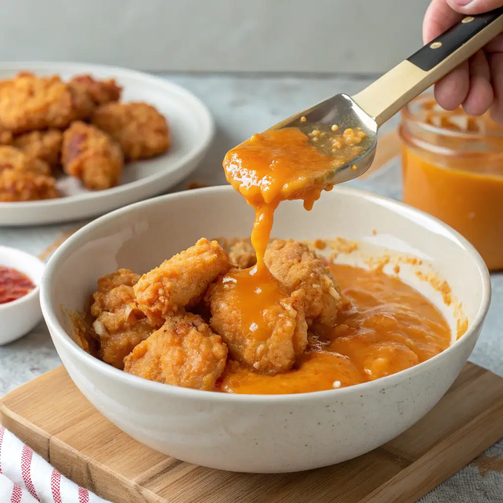 Tossing crispy fried chicken in the homemade orange glaze to coat it evenly in the Easy Orange Chicken recipe
