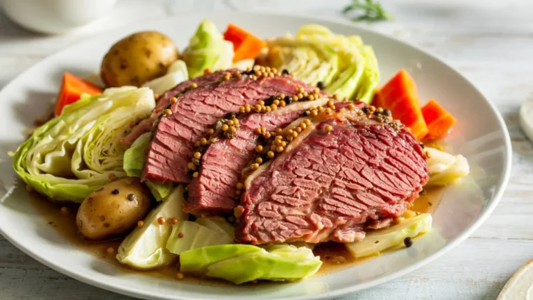 Easy Corned Beef and Cabbage Recipe Homemade Corned Beef and Cabbage with tender sliced brisket, cabbage wedges, carrots, and potatoes in broth – traditional St. Patrick’s Day recipe