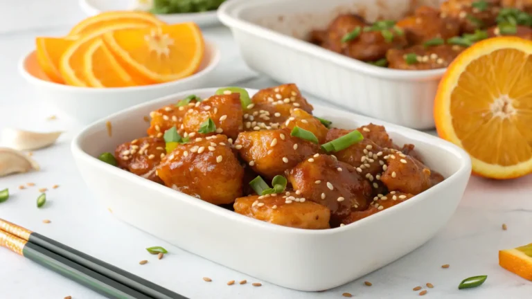 Close-up view of crispy, golden brown chicken pieces covered in a sweet orange glaze, showcasing the texture of the homemade Easy Orange Chicken