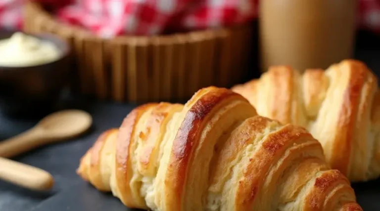 Swiss Gipfeli Recipe: Bake Flaky Croissant Pastry at Home Freshly baked golden brown croissants made with a traditional Gipfeli-Recipe on a rustic breakfast table.