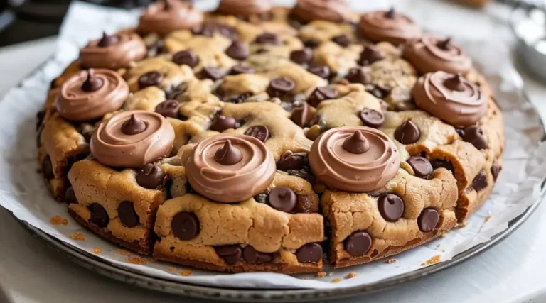 How to Make a Homemade Cookie Cake Recipe Close-up of a homemade cookie cake with chocolate chips and frosting, placed on a white dish on a white kitchen surface.