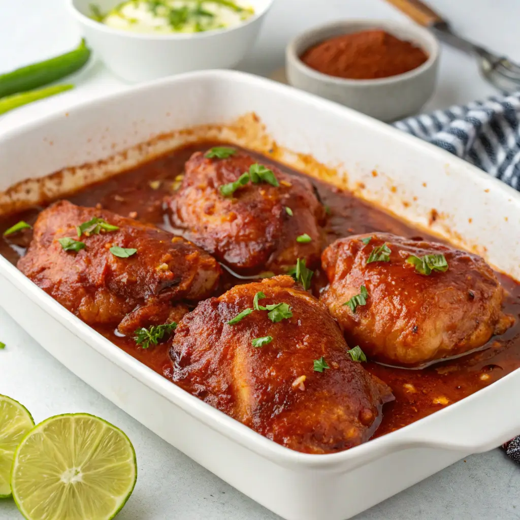 Marinated chicken thighs in chipotle sauce for chipotle chicken recipe shown close-up in a white dish.