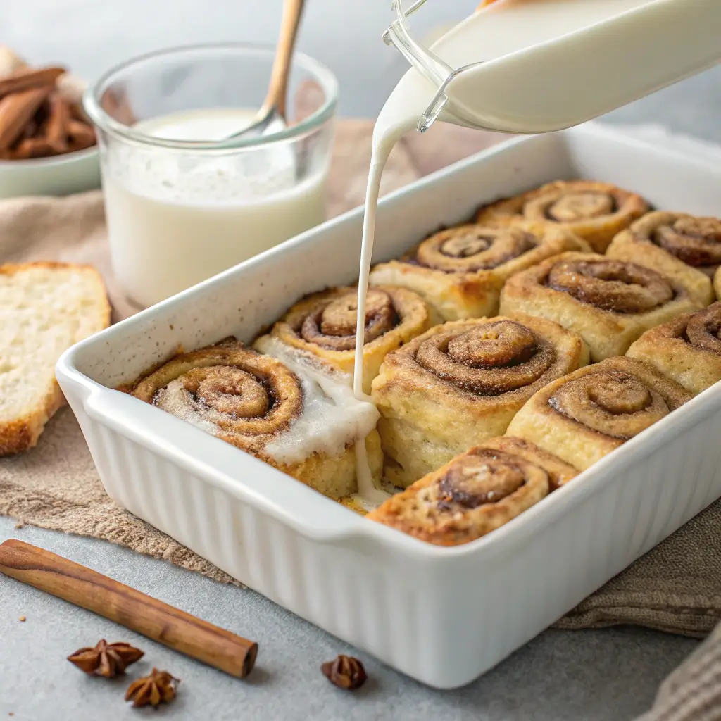 Cinnamon rolls arranged in a casserole dish, ready to be soaked with an egg mixture to make Cinnamon Roll French Toast Casserole.
