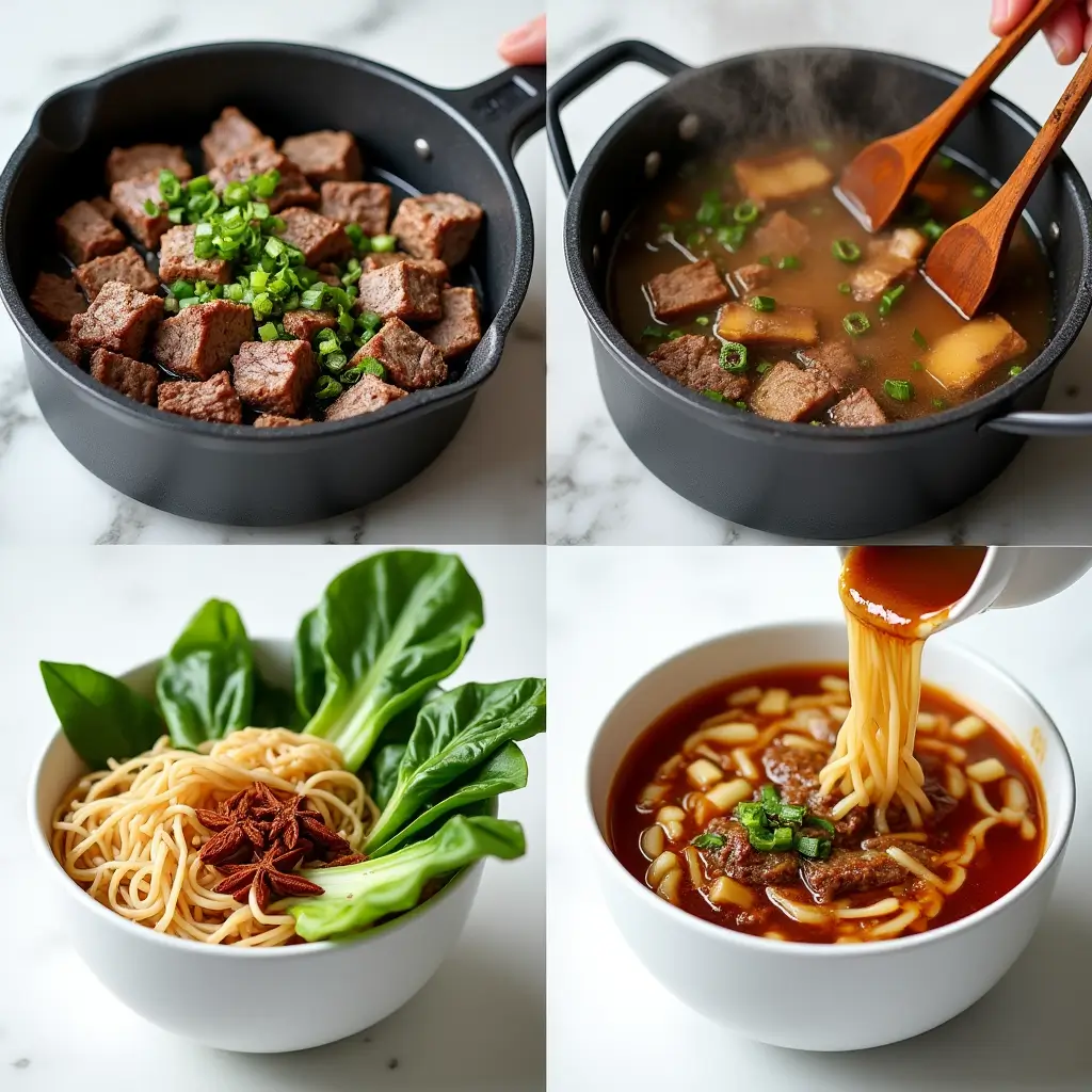 Steps showing searing beef, adding spices, simmering broth, and assembling Taiwanese beef noodle soup in one image.