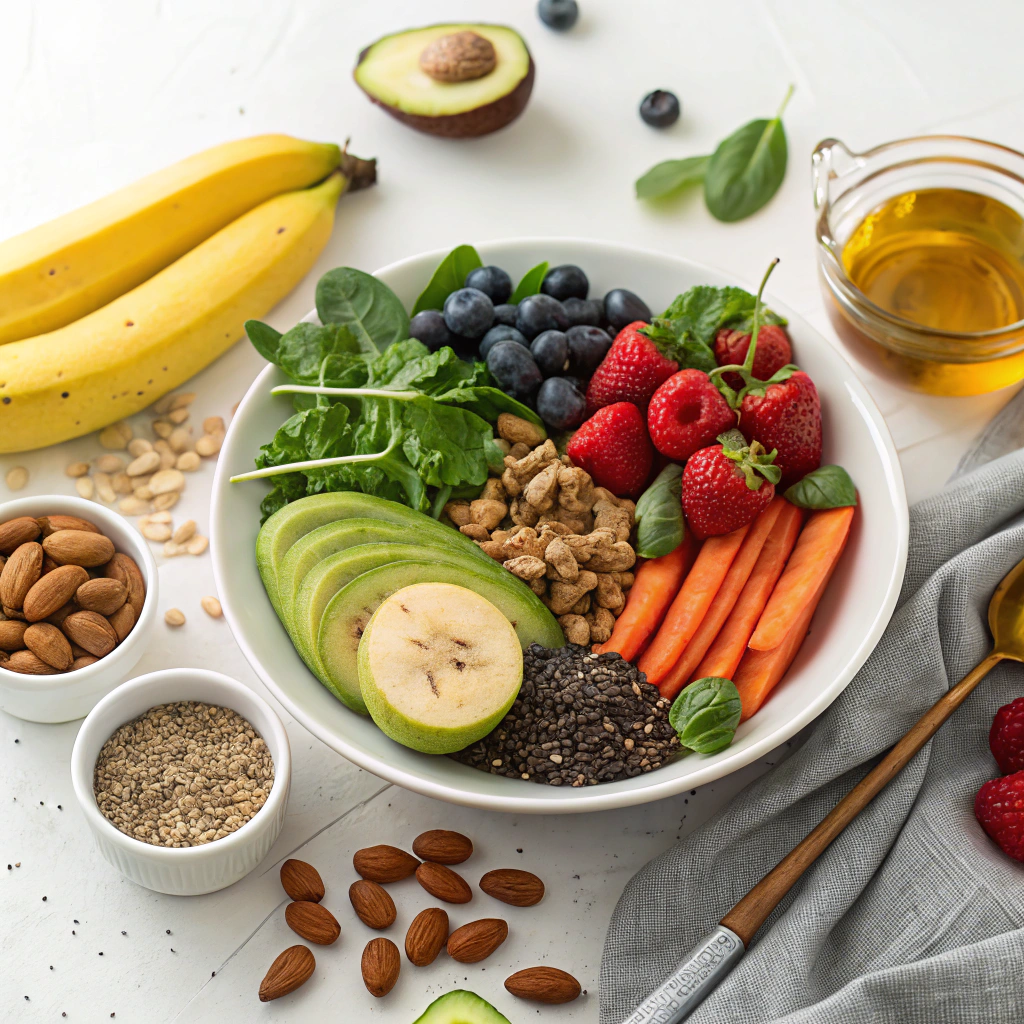 Fresh ingredients for raw vegan recipes including fruits, vegetables, nuts, seeds, and cold-pressed oils.