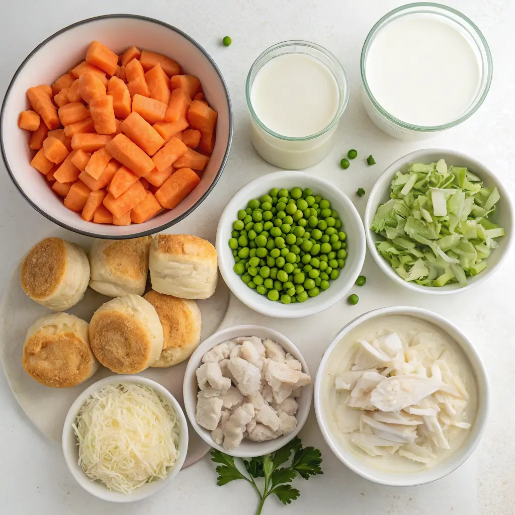 Ingredients for chicken and biscuit casserole including vegetables, shredded chicken, milk, and biscuit dough on a white kitchen surface.