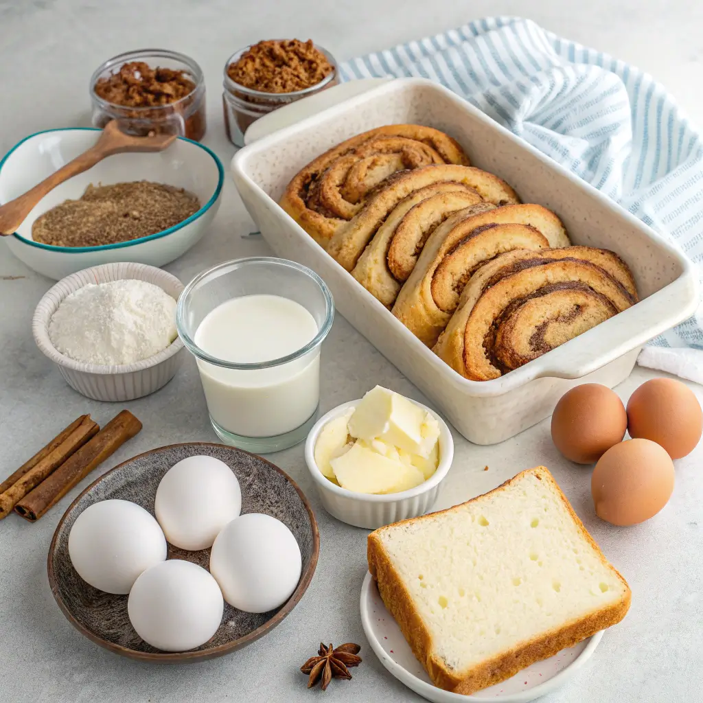 Key ingredients for Cinnamon Roll French Toast Casserole, including cinnamon rolls, eggs, milk, and cream cheese icing, arranged on a white surface.