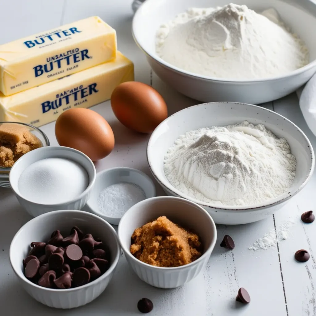 Ingredients for cookie cake recipe: butter, sugar, flour, chocolate chips, and more, neatly arranged on a white kitchen surface