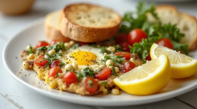 Mediterranean Baked Feta Eggs – Delicious Breakfast Mediterranean Baked Feta Eggs recipe served with cherry tomatoes, pine nuts, herbs, and lemon wedges on a white plate with toasted bread