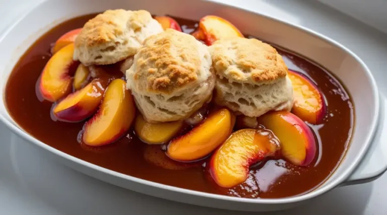Best Southern Peach Cobbler Recipe A warm, homemade peach cobbler served on a white plate, featuring golden biscuit topping and juicy cinnamon-spiced peaches from a peach cobbler recipe