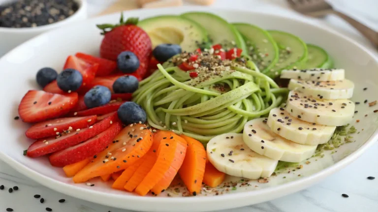 Raw vegan recipes featuring fresh fruits, vegetables, nuts, seeds, and avocado on a white plate