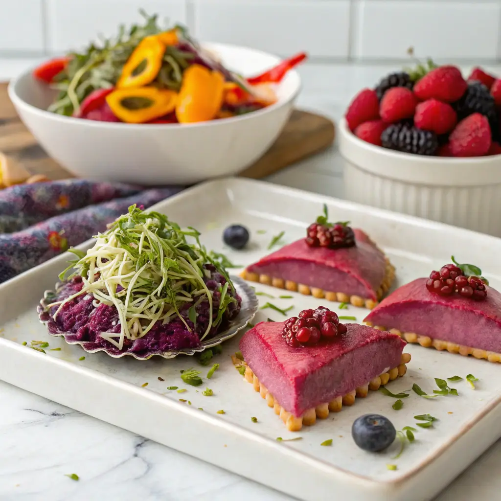 Beautifully plated raw vegan recipes with colorful vegetables, microgreens, and raw desserts on a white plate.