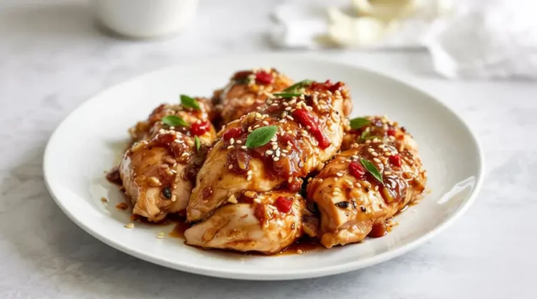Crockpot Chicken Recipe: Slow Cooker Honey Garlic Chicken Close-up of crockpot chicken recipe featuring honey garlic chicken on a white plate, garnished with sesame seeds and green onions.