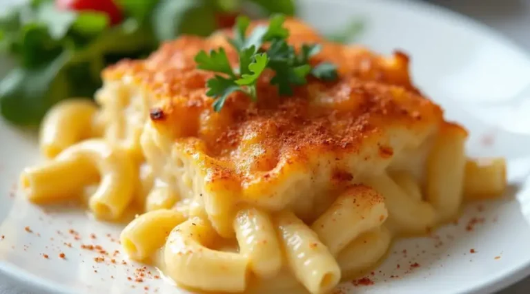 Irresistible Smoked Gouda Mac and Cheese Recipes You’ll Love Smoked Gouda mac and cheese recipes serving with golden-brown top, fresh parsley garnish, and side salad