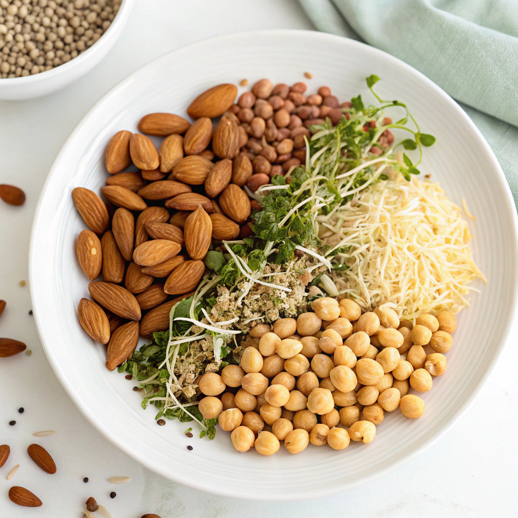 Soaked and sprouted seeds and legumes including almonds, chickpeas, and lentils for raw vegan recipes.