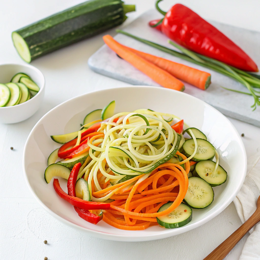 Spiralized zucchini noodles and thinly sliced colorful vegetables for making fresh raw vegan recipes.