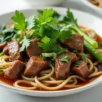 Homemade Taiwanese beef noodle soup with braised beef, noodles, bok choy, scallions, and soy-based broth served on a white plate.