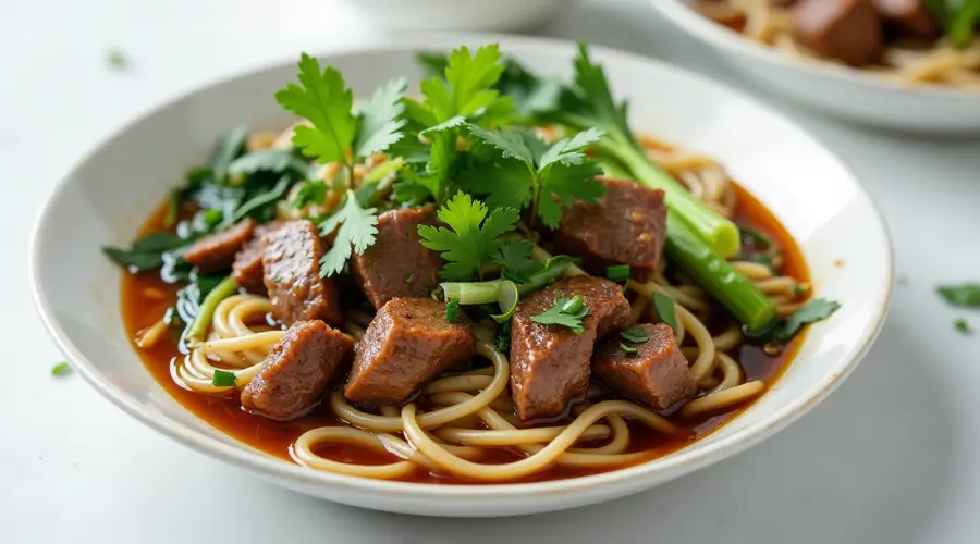 Homemade Taiwanese beef noodle soup with braised beef, noodles, bok choy, scallions, and soy-based broth served on a white plate.