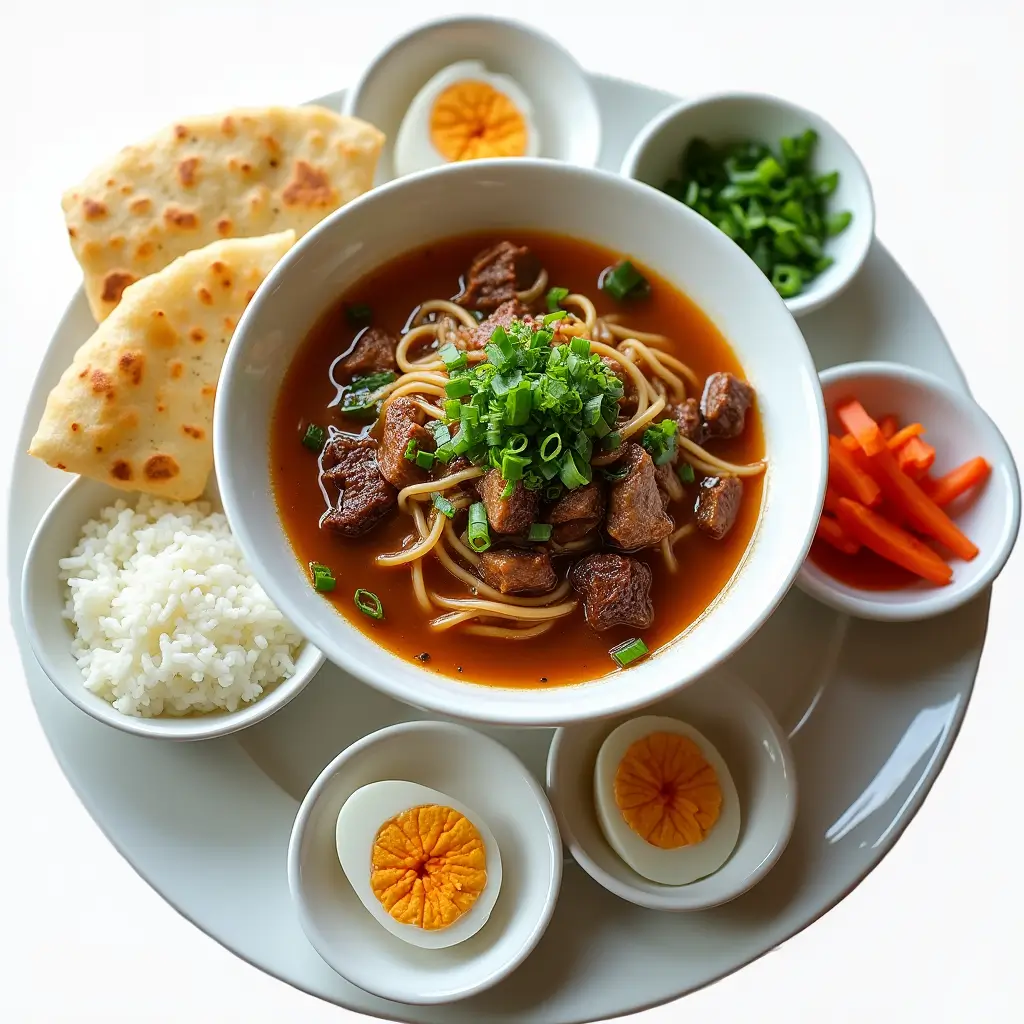 Taiwanese beef noodle soup served with side dishes like scallion pancakes and tea egg.