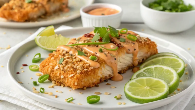 Close-up of bang bang salmon bites coated in sweet and spicy sauce, garnished with herbs and lime, served on a white plate.