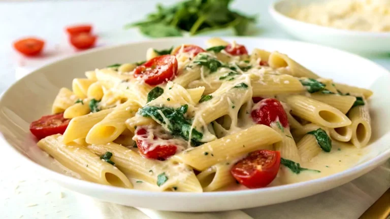 Easy Boursin Cheese Pasta Recipe Creamy Boursin cheese pasta recipe served on a white plate with cherry tomatoes, spinach, and garlic, coated in a rich herb cheese sauce.