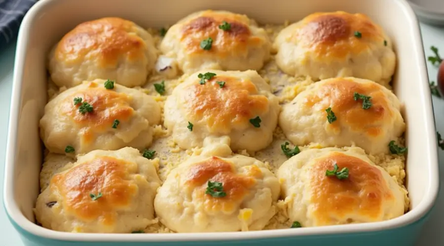 Homemade chicken and biscuit casserole with creamy chicken filling and golden buttermilk biscuits on a white plate.