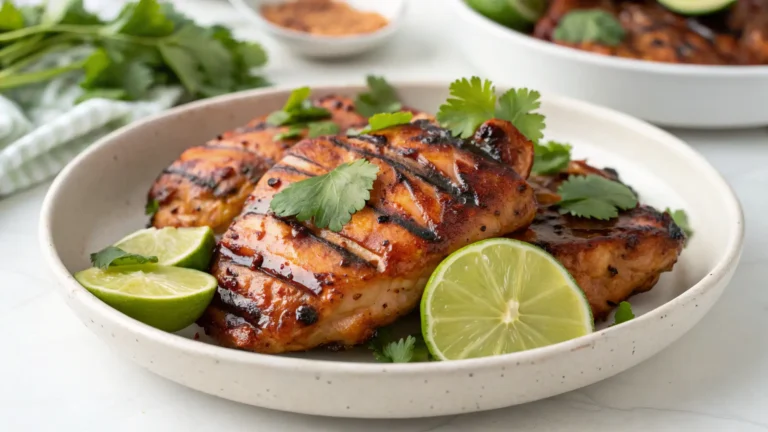 Chipotle Chicken Recipe (Quick & Easy) chipotle chicken recipe with smoky grilled chicken thighs and fresh cilantro on a white plate