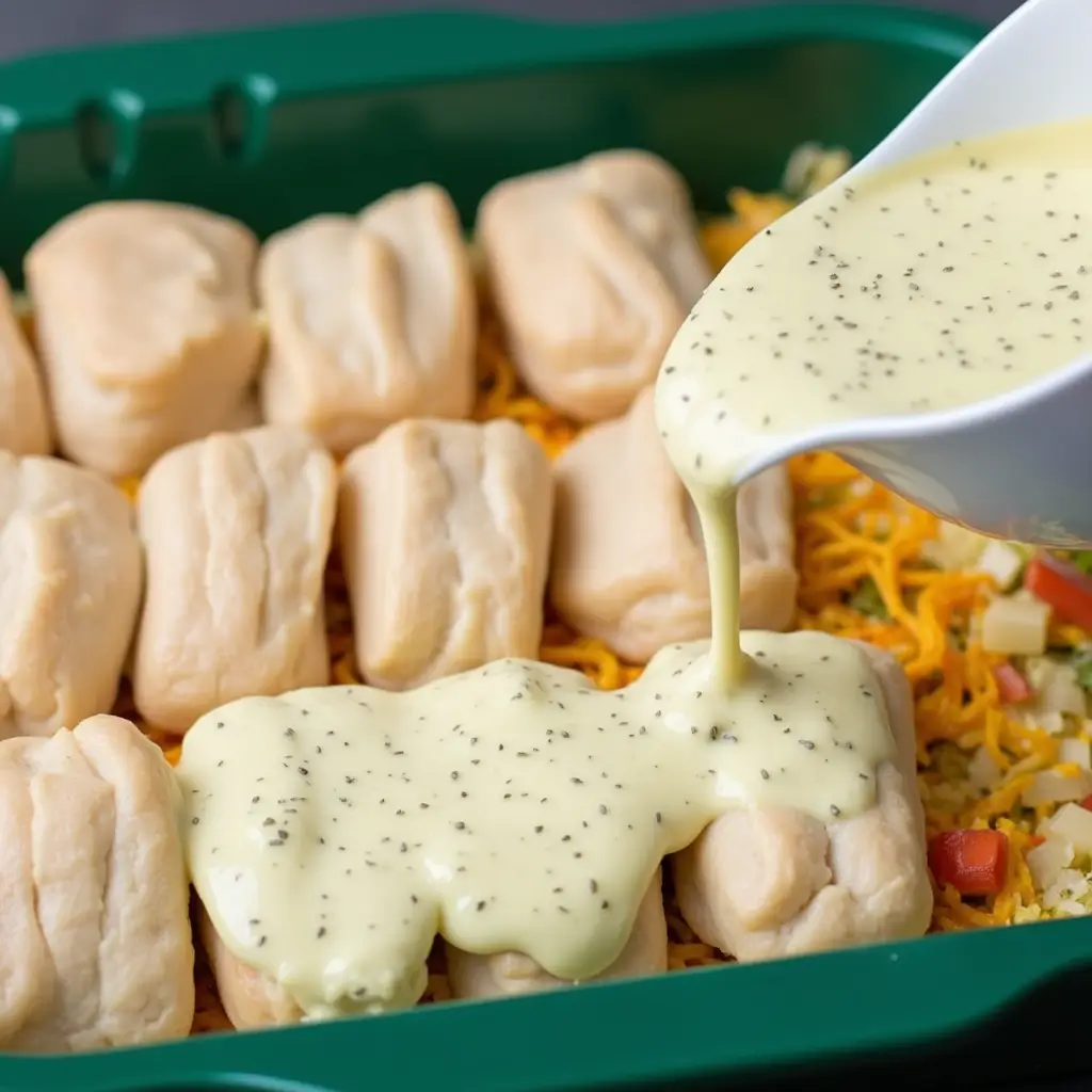 Creamy sauce being poured over unbaked biscuits in a chicken and biscuit casserole dish layered with shredded cheese and vegetables