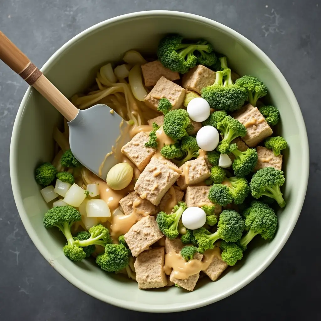 Mixing ingredients for chicken and biscuit casserole in a bowl, including cubed chicken, broccoli florets, cheese sauce, onions, and noodles