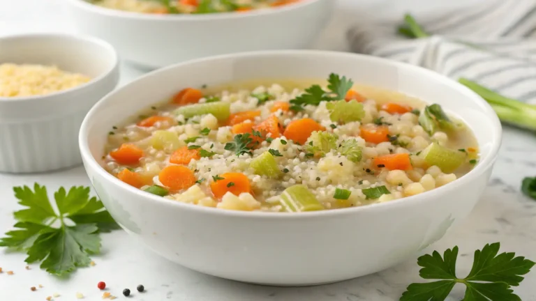 Pastina Soup Recipe Close-up of homemade pastina soup in a white bowl with carrots, celery, and star-shaped pasta – pastina soup recipe.