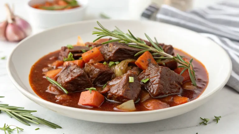 Braised Beef Recipe – Fall-Apart Tender Slow Cooked Method Close-up of red wine braised beef recipe with tender beef cubes, carrots, and herbs in a rich red wine sauce, served on a white plate.