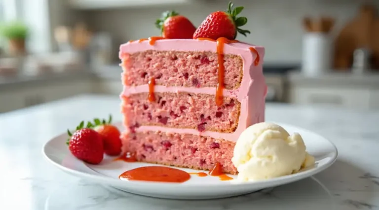 Fresh Strawberry Cake Recipe: Homemade & Delicious Homemade three-layer strawberry cake with cream cheese frosting topped with fresh strawberries