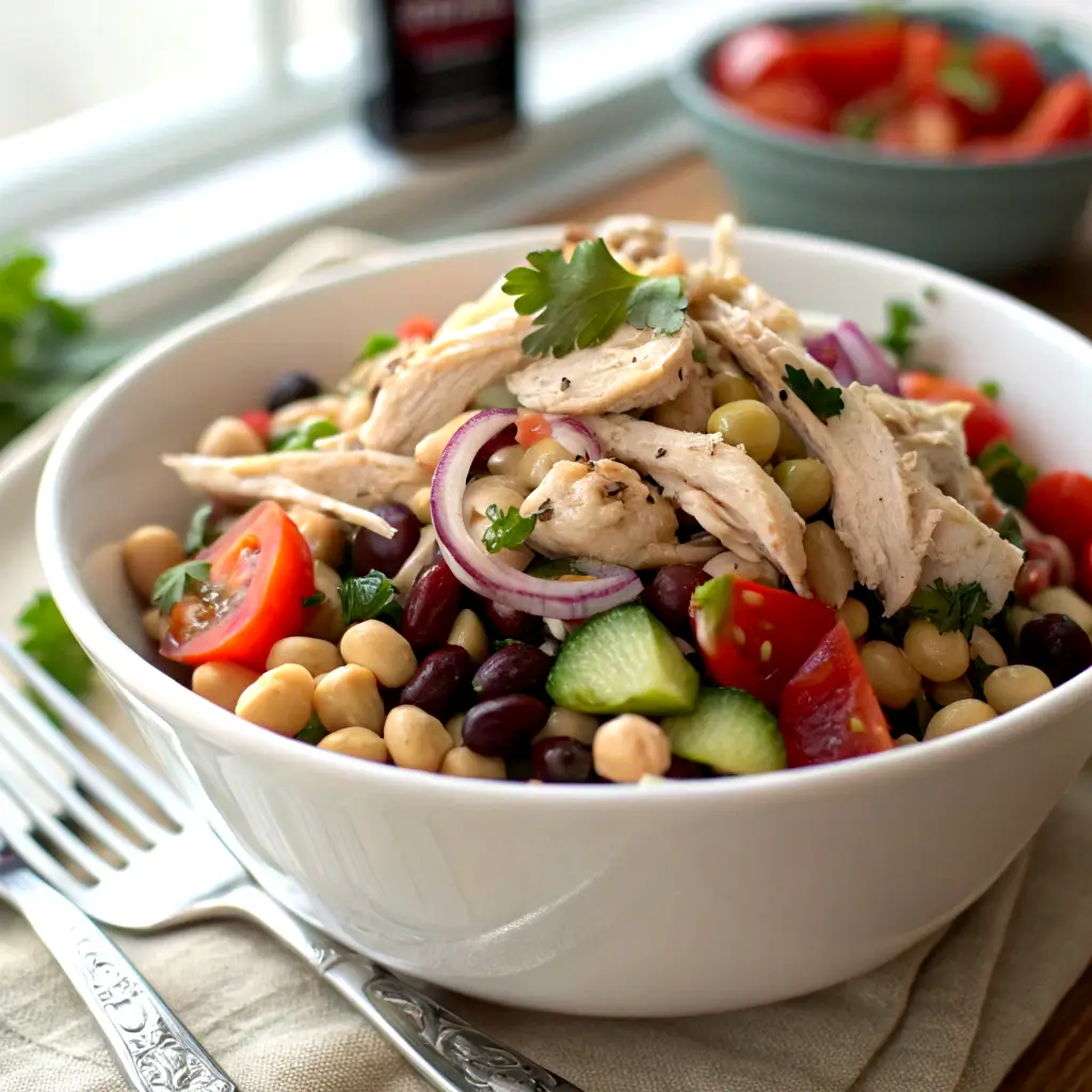 Close-up of dense bean salad with added rotisserie chicken pieces, showing protein-rich combination of beans, vegetables, and herbs in white bowl