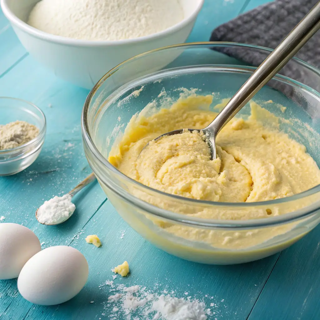 Overhead close-up of a spoon adding white flour to yellow batter in a clear glass bowl on a bright blue background
