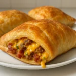 Close-up of Alabama Hot Pockets with golden puff pastry, spicy sausage, bacon, and cheese filling on a white plate