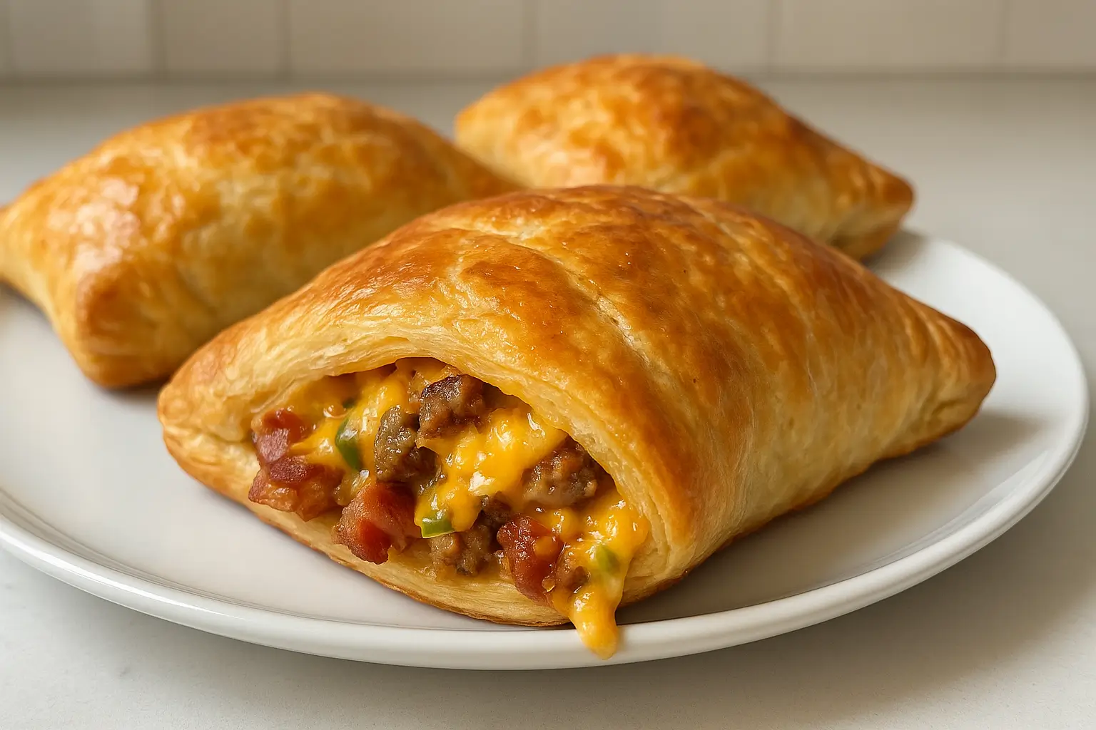 Close-up of Alabama Hot Pockets with golden puff pastry, spicy sausage, bacon, and cheese filling on a white plate