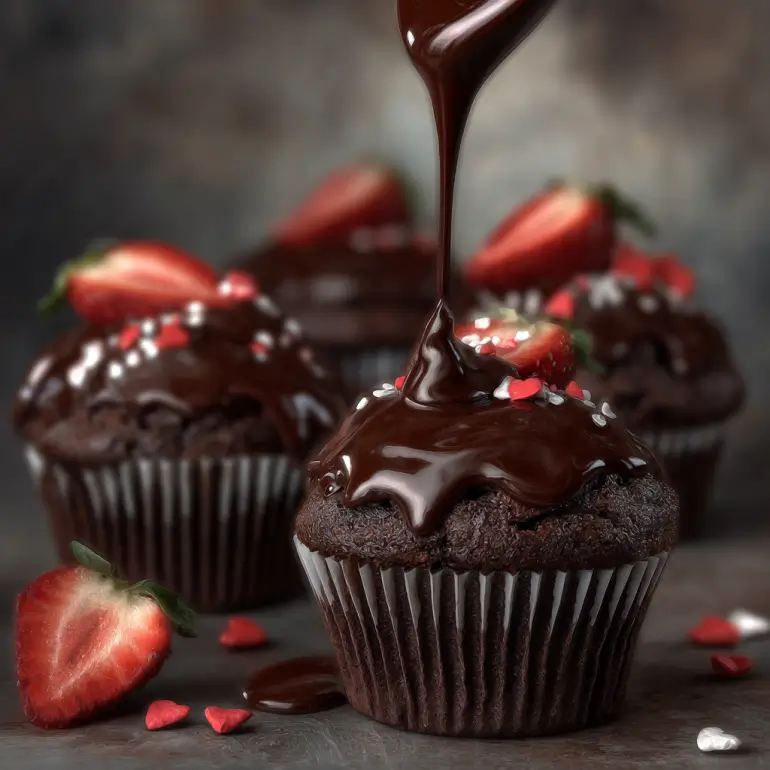 Finished chocolate covered strawberry cupcakes with ganache topping and fresh strawberry garnish for Valentine's Day dessert