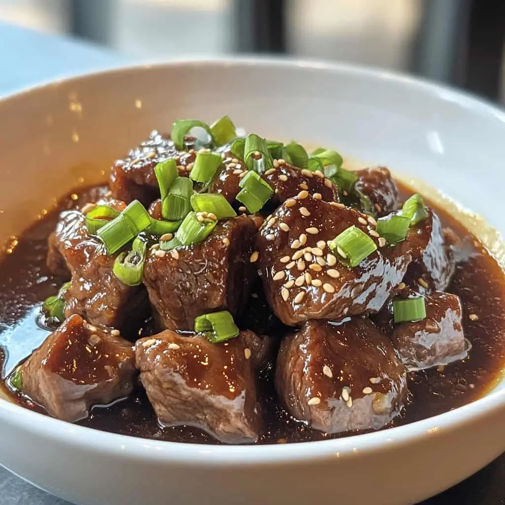 Finished Chinese braised beef dish garnished with green onions and sesame seeds served with steamed rice