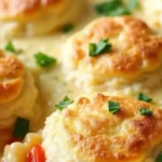 Golden biscuits atop creamy chicken cobbler filling with fresh herbs, a comforting and hearty Chicken Cobbler Recipe.