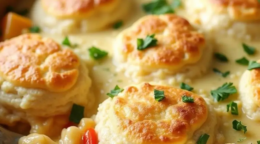 Golden biscuits atop creamy chicken cobbler filling with fresh herbs, a comforting and hearty Chicken Cobbler Recipe.