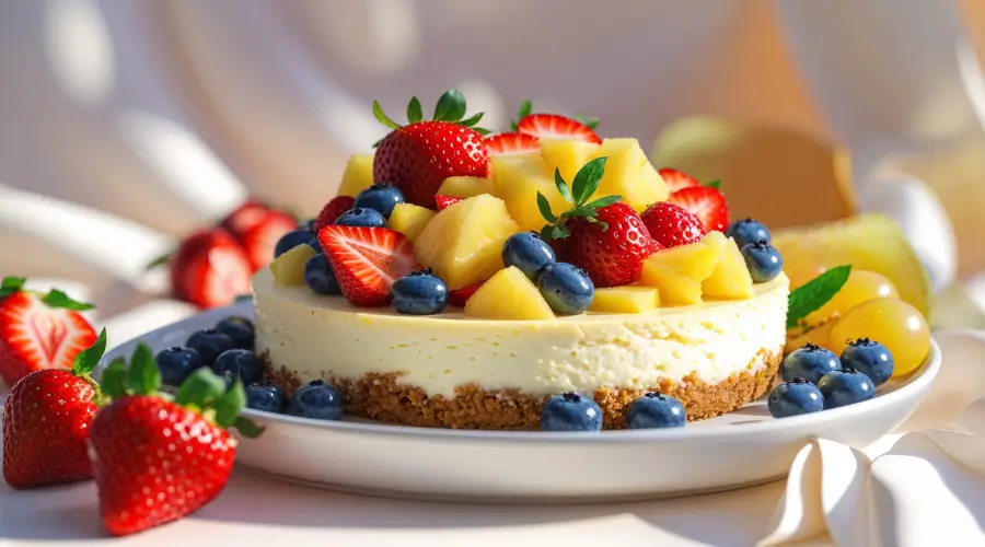 Close-up of creamy Cheesecake Fruit Salad with fresh strawberries, blueberries, grapes, and banana in a white bowl, natural kitchen lighting.