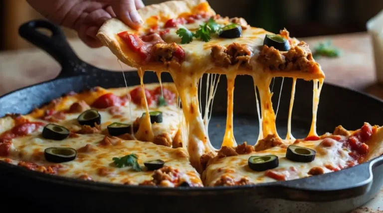 Cheesy homemade Taco Pizza slice being lifted from a cast iron skillet, topped with black olives, ground meat, and fresh herbs.