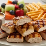 Close-up of freshly made healthy copycat Chick Fil A grilled nuggets, showcasing their seasoned and lightly charred exterior, served on a white plate in natural kitchen light