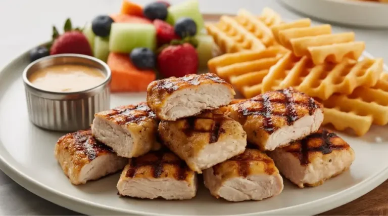 Chick Fil A Grilled Nuggets Recipe: Easy Healthy Copycat Close-up of freshly made healthy copycat Chick Fil A grilled nuggets, showcasing their seasoned and lightly charred exterior, served on a white plate in natural kitchen light